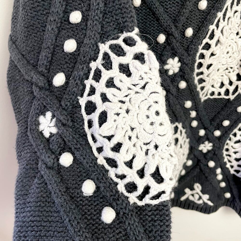 Vintage 80s 90s Granny Crochet Sweater Large Popcorn Knit Cottage Doily Romantic - Picture 3 of 8